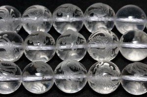 【天然石彫刻ビーズ】水晶 10mm (素彫り) 朱雀 (一連売り)【天然石 パワーストーン】