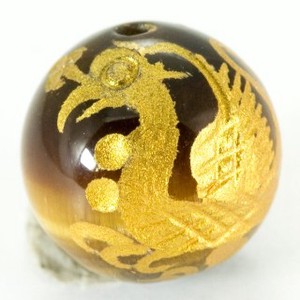 【彫刻ビーズ】タイガーアイ 12mm (金彫り) 朱雀