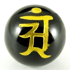【彫刻ビーズ】オニキス 16mm (金彫り) 「梵字」アン