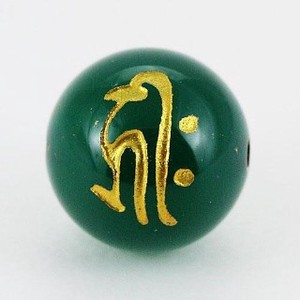 【天然石彫刻ビーズ】グリーンメノウ 10mm (金彫り) タラーク【天然石 パワーストーン】