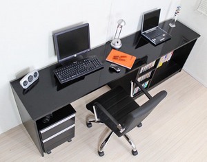 パソコンデスクセット 最大210cm 鏡面仕上  ブラック  日本製 机+スライド書棚+チェスト