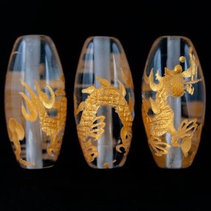 【彫刻ビーズ】水晶 (金彫り) 五爪龍 「太鼓型」 2cm