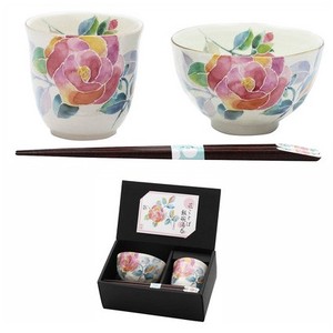 Mino Ware Gift Hana Kotoba Rice Bowl Japanese Tea Cup rose Chopstick