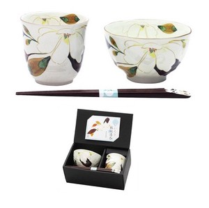 Mino Ware Gift Hana Kairo Rice Bowl Japanese Tea Cup Magnolia Chopstick