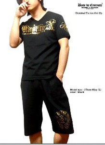 ラグジュアリーな金箔プリントの悪羅悪羅系メンズ日本製VネックTシャツセットアップ