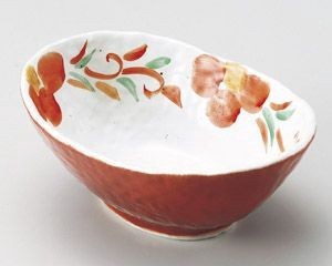 朱巻唐草花楕円鉢【日本製　美濃焼】