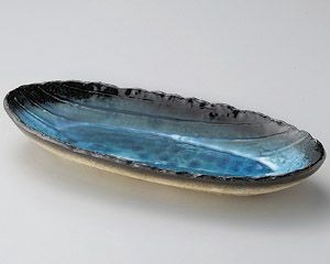 藍染スカイブルー手造り楕円長鉢【日本製　美濃焼】