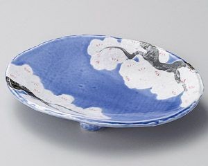 桜木コバルト三つ足楕円鉢【日本製　美濃焼】