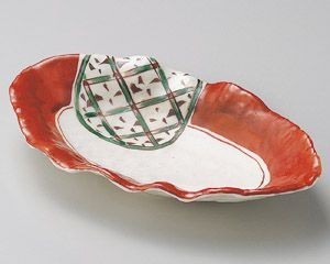 赤絵緑格子花型楕円皿【日本製　美濃焼】