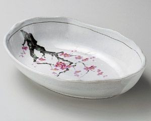 罫書紅梅楕円盛鉢【日本製　美濃焼】