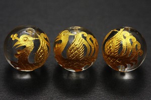 【彫刻ビーズ】水晶 14mm (金彫り) 朱雀