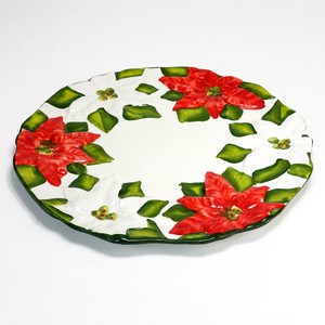 イタリア製  クリスマス 食器・大皿(32cm)・赤＆白のポインセチアのレリーフ・ディナープレート