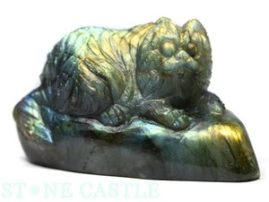 ☆置物一点物☆【天然石彫刻置物】猫 ラブラドライト No.20【天然石 パワーストーン】