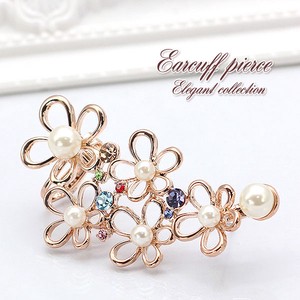 Pierced Earrings Titanium Post Pearl Flower Pink Ear Cuff Crystal