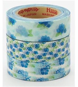 デザイン和紙テープ Rink flower deco rose blue  3巻パック