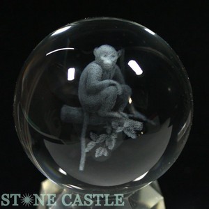 【彫刻置物】丸玉 人工水晶 約50mm (レーザー彫刻) サル