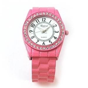 ピンクボディにラインストーン、見やすいフェイスのバングルウォッチ　レディース腕時計　ファッション