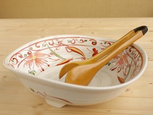 Tsuchimonono-Utsuwa Red Drawing Flower Butterfly Large Bowl Mino Ware Made in Japan