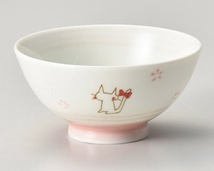 リボン猫（ピンク)茶碗【日本製　美濃焼】
