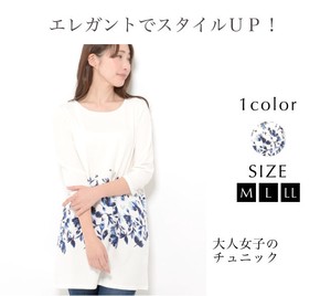 Tunic Plain Color Floral Pattern A-Line Tops Printed L Ladies' 7/10 length