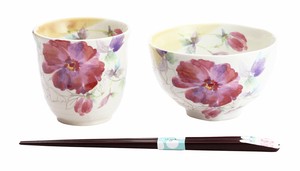 Mino Ware Gift Hana tsumi Rice Bowl Japanese Tea Cup Peony Chopstick