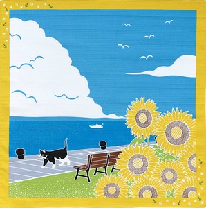 【たまのお散歩】小風呂敷「向日葵」Sunflower（8月・八月・ねこ・猫・ネコ）