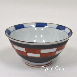 Checkered Rice Bowl Red HASAMI Ware Hand-Painted Made in Japan