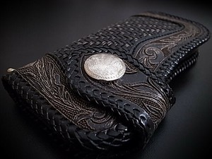 本革レザーウォレット ドロップハンドル付き牛革カービングロングウォレット 長財布 網目