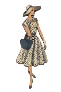 フランス製　木製ボタン　アトリエ ボヌール ドゥ ジュール 【水玉ドレスと帽子の女性】