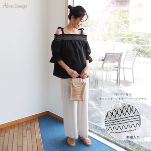Button Shirt/Blouse Off-The-Shoulder Puff Sleeve Embroidered Ladies
