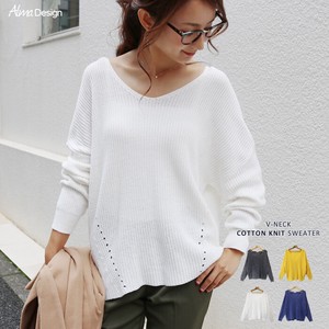 Sweater/Knitwear Knitted Long Sleeves V-Neck Tops Cotton