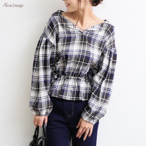 Button Shirt/Blouse Check Pattern Ladies fashion Puff Sleeve