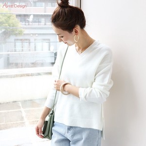 Sweater/Knitwear Slit Knitted V-Neck Tops Ladies'