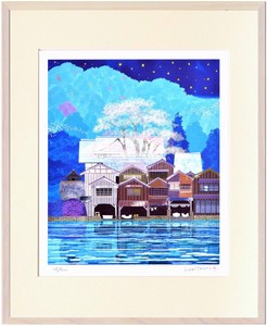 人気イラストレーター はりたつお ジクレー版画　「京都 伊根の舟屋､夜桜」　四つ切