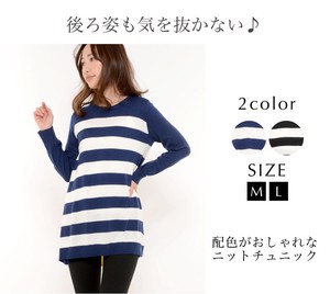 Tunic Color Palette Knitted Long Sleeves Tops L Border Ladies' M