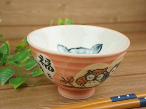 Mino ware Rice Bowl Pink Owl Animal Pottery M Made in Japan