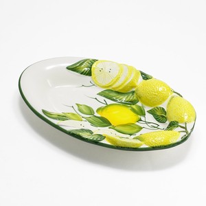イタリア製 レモン柄 食器 陶器製 メインディッシュ  黄色 大皿  レリーフ オーバル 楕円 白地 皿 29cm
