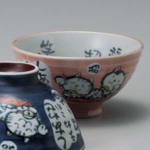 粉引招き猫赤茶碗中　 陶器 日本製 美濃焼 飯碗 ねこ