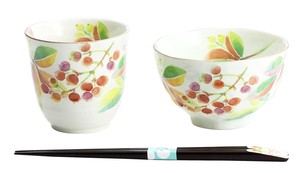 Mino Ware Gift Hana Kotoba Rice Bowl Japanese Tea Cup Nandina Chopstick