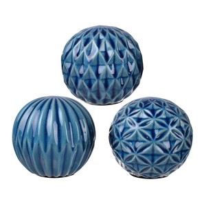 ブルーボールオブジェ3個セット 陶器