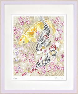 切り絵作家　平石智美「鯉と桜の池」版画　アート