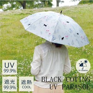晴雨兼用手開きショート”野の花と猫”黒PUコーティング/UV CUT率・99.9％★UV対策