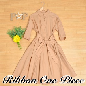 Casual Dress Flare Plain Color Ribbon L Ladies 7/10 length