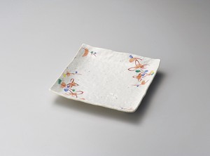 粉引赤絵小花正角7.0皿【日本製　磁器】