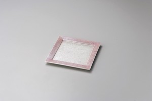 ピンクラスターリム付18cm角皿【日本製　磁器】