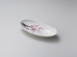 罫書紅梅変形9.0盛皿【日本製　陶器】
