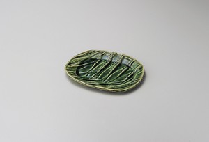 織部楕円型波彫和皿【日本製　陶器】