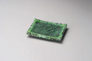 緑釉黄流ししのぎ長角5.3皿【日本製　磁器】