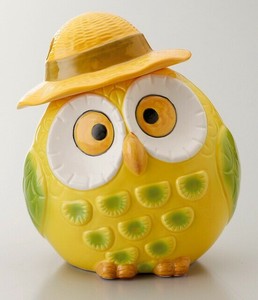 Japanese 3.5/" Yellow Earthenware Wish-Making Owl Bring Good Wealth Made in Japan