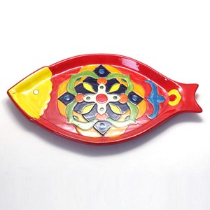 南イタリア レッチェ お魚型 幾何学柄 トレー フィッシュ 絵皿 30x20cm アクア 赤 art-172　海の動物
